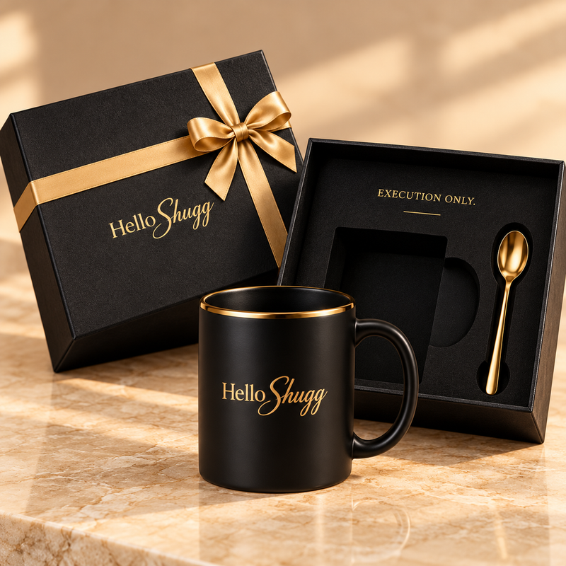 Hello Shugg Luxury Coffee Mug Gift Set — matte black mug with gold lettering, gold spoon, and black gift box with gold ribbon